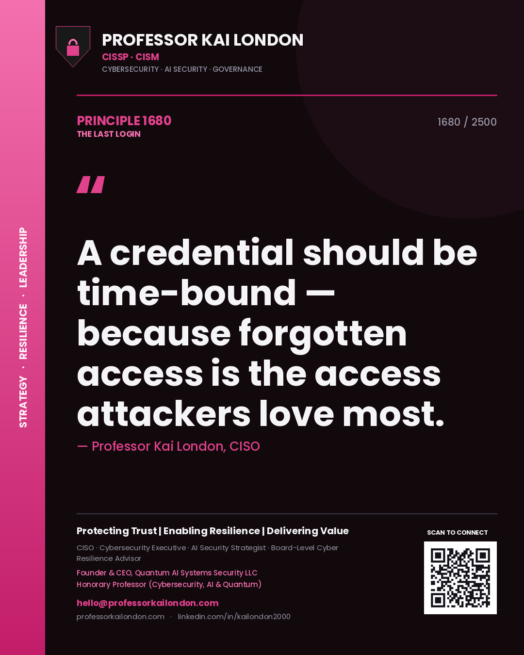 Professor Kai London principle 1680: A credential should be time-bound — because forgotten access is the access attackers love most.