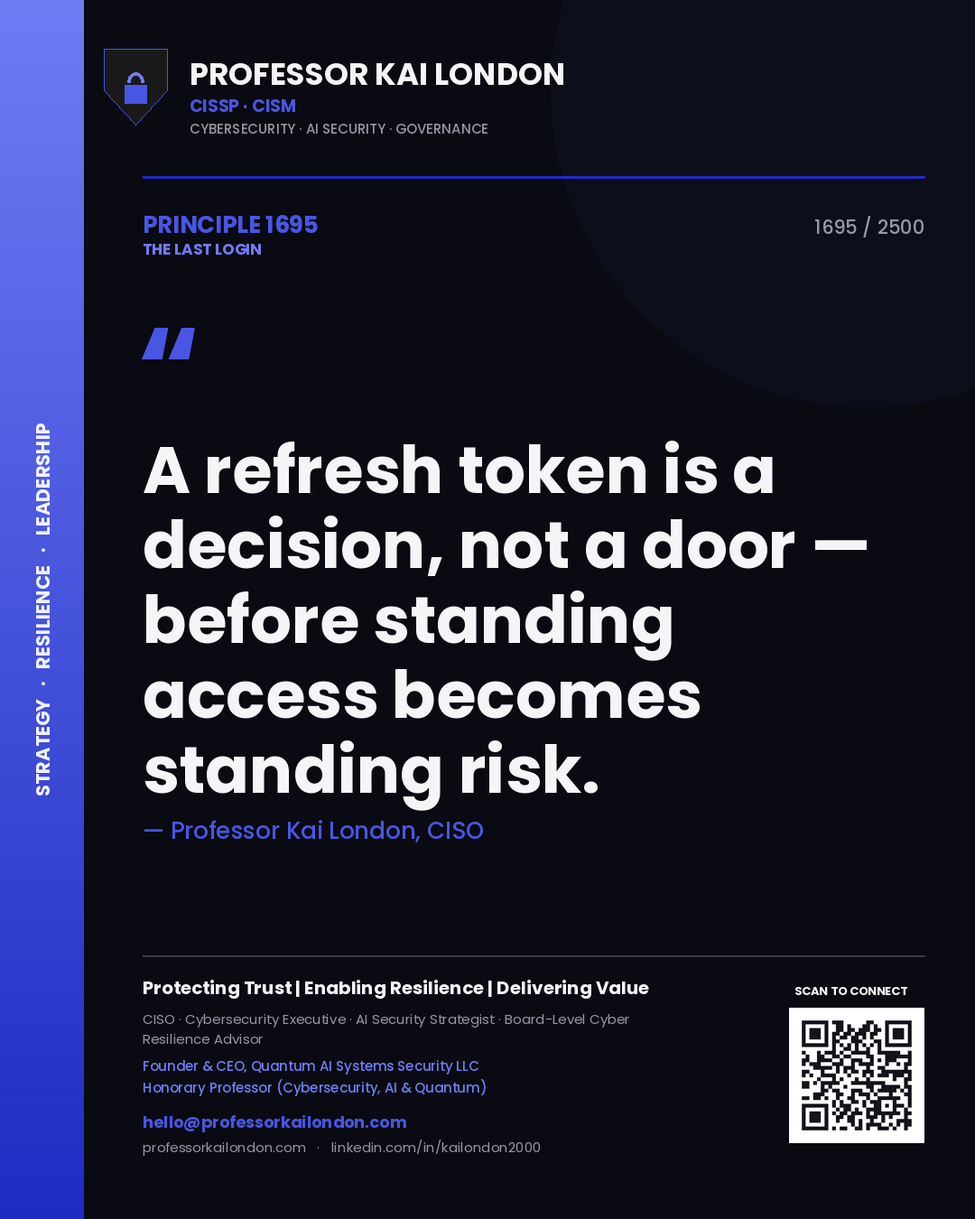 Professor Kai London principle 1695: A refresh token is a decision, not a door — before standing access becomes standing risk.