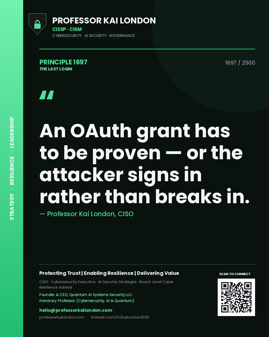 Professor Kai London principle 1697: An OAuth grant has to be proven — or the attacker signs in rather than breaks in.
