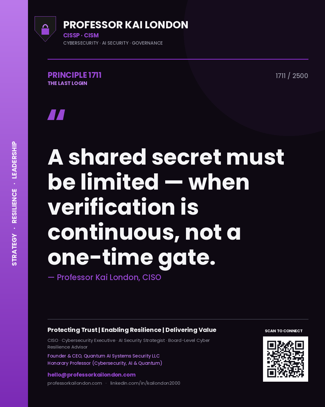 Professor Kai London principle 1711: A shared secret must be limited — when verification is continuous, not a one-time gate.