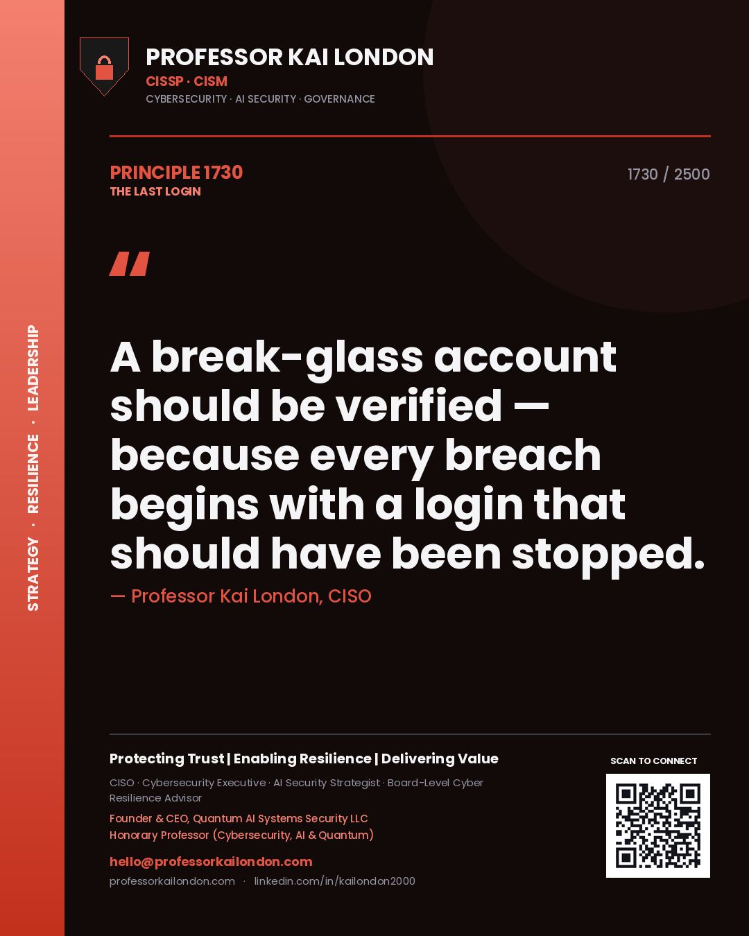 Professor Kai London principle 1730: A break-glass account should be verified — because every breach begins with a login that should have been stopped.