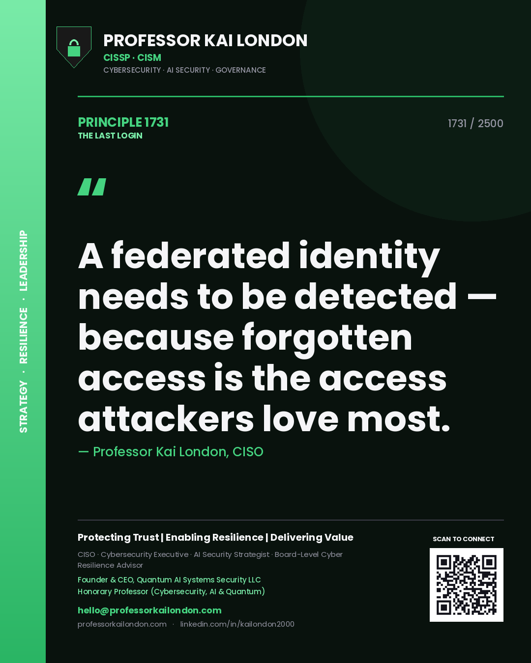 Professor Kai London principle 1731: A federated identity needs to be detected — because forgotten access is the access attackers love most.