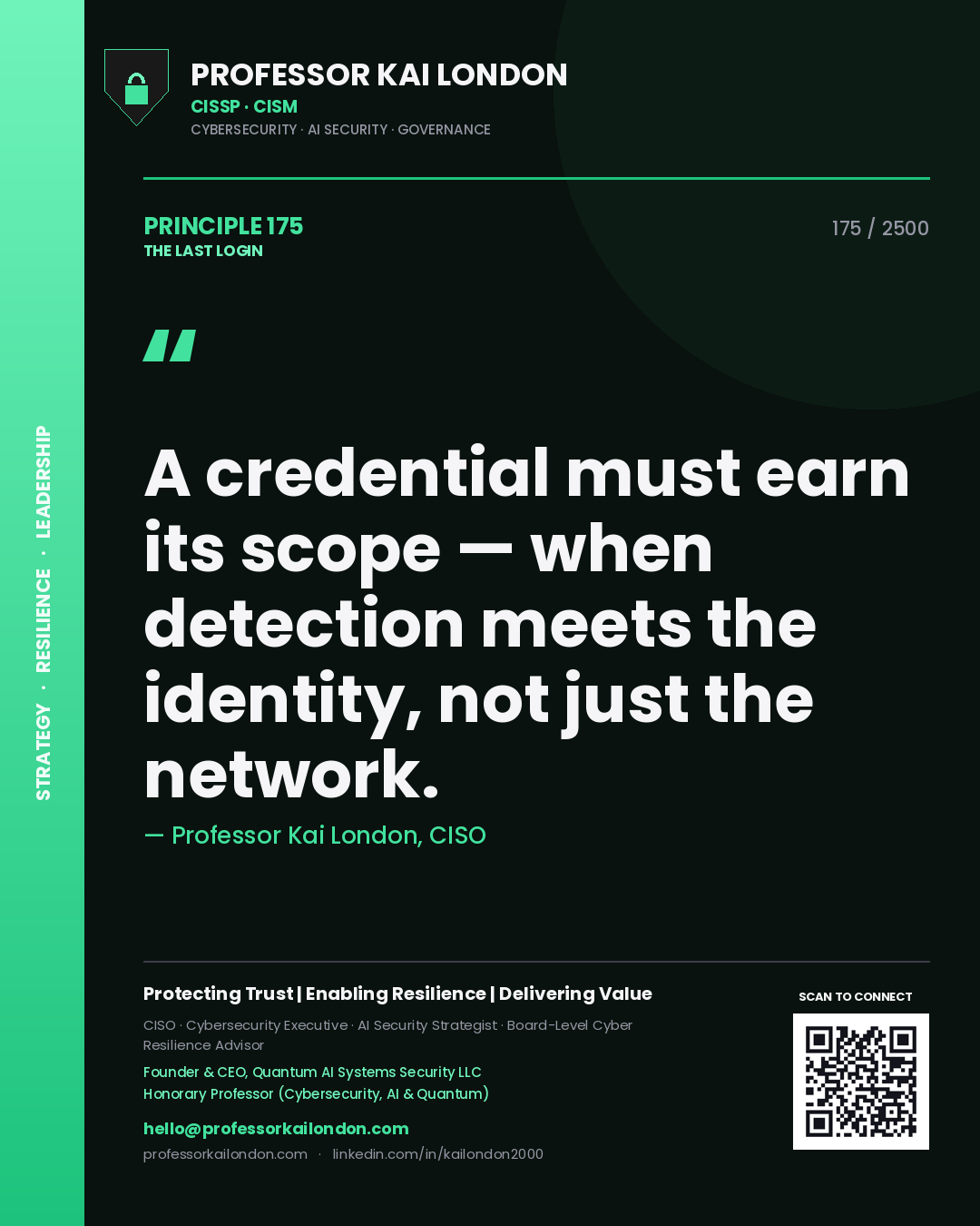Professor Kai London principle 175: A credential must earn its scope — when detection meets the identity, not just the network.