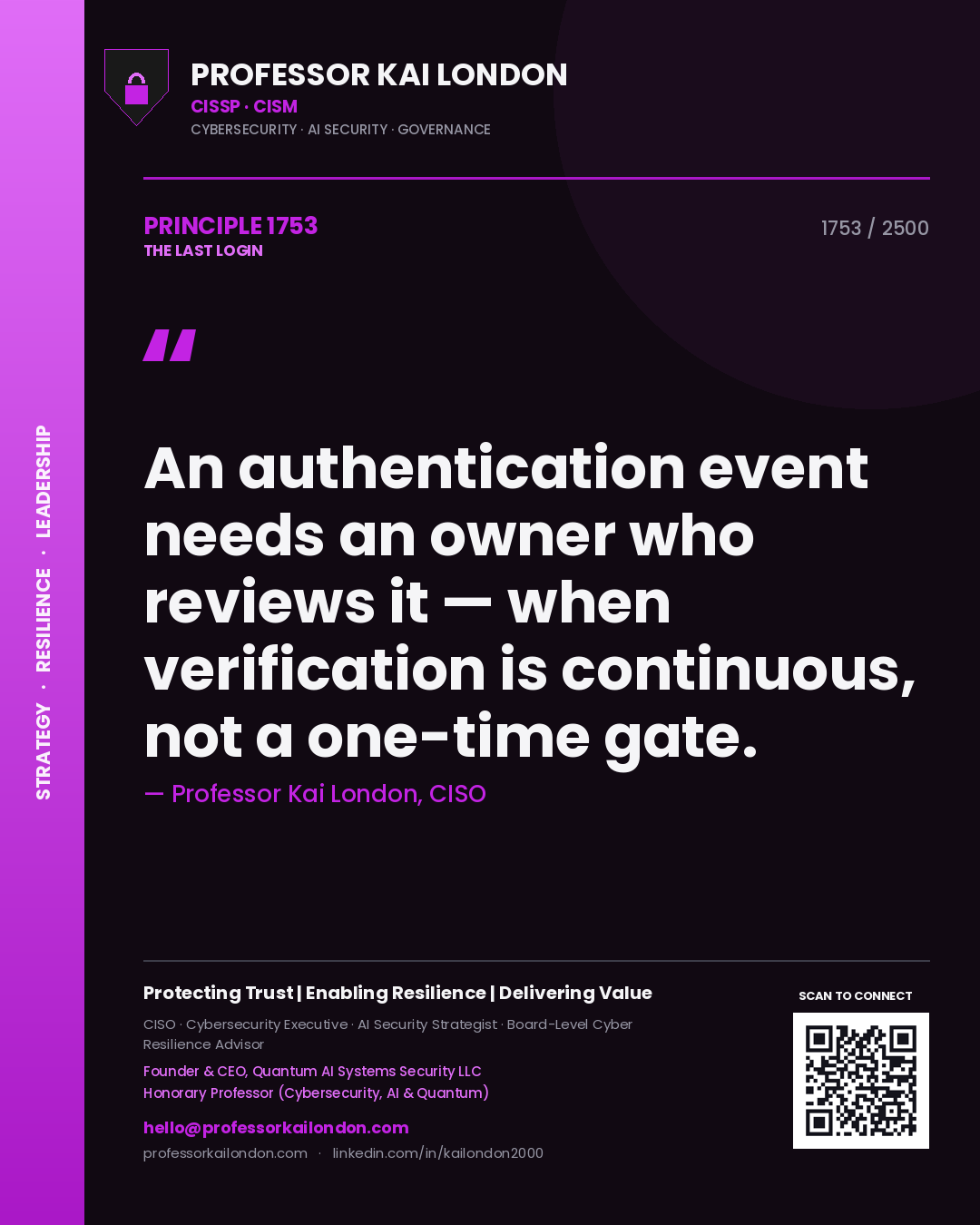 Professor Kai London principle 1753: An authentication event needs an owner who reviews it — when verification is continuous, not a one-time gate.