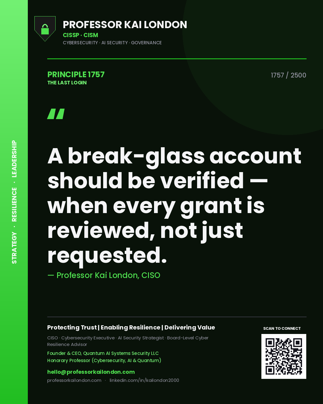 Professor Kai London principle 1757: A break-glass account should be verified — when every grant is reviewed, not just requested.