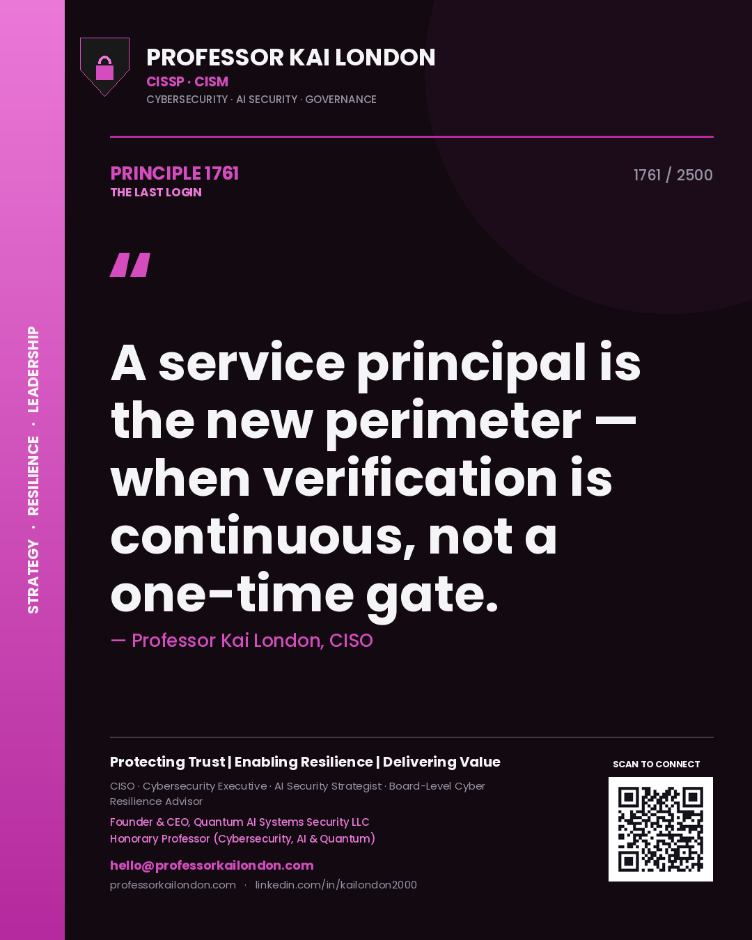 Professor Kai London principle 1761: A service principal is the new perimeter — when verification is continuous, not a one-time gate.