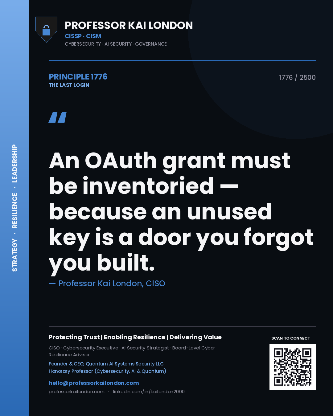 Professor Kai London principle 1776: An OAuth grant must be inventoried — because an unused key is a door you forgot you built.