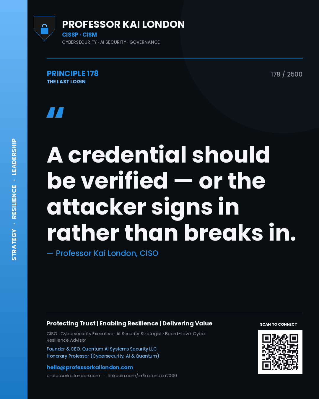 Professor Kai London principle 178: A credential should be verified — or the attacker signs in rather than breaks in.