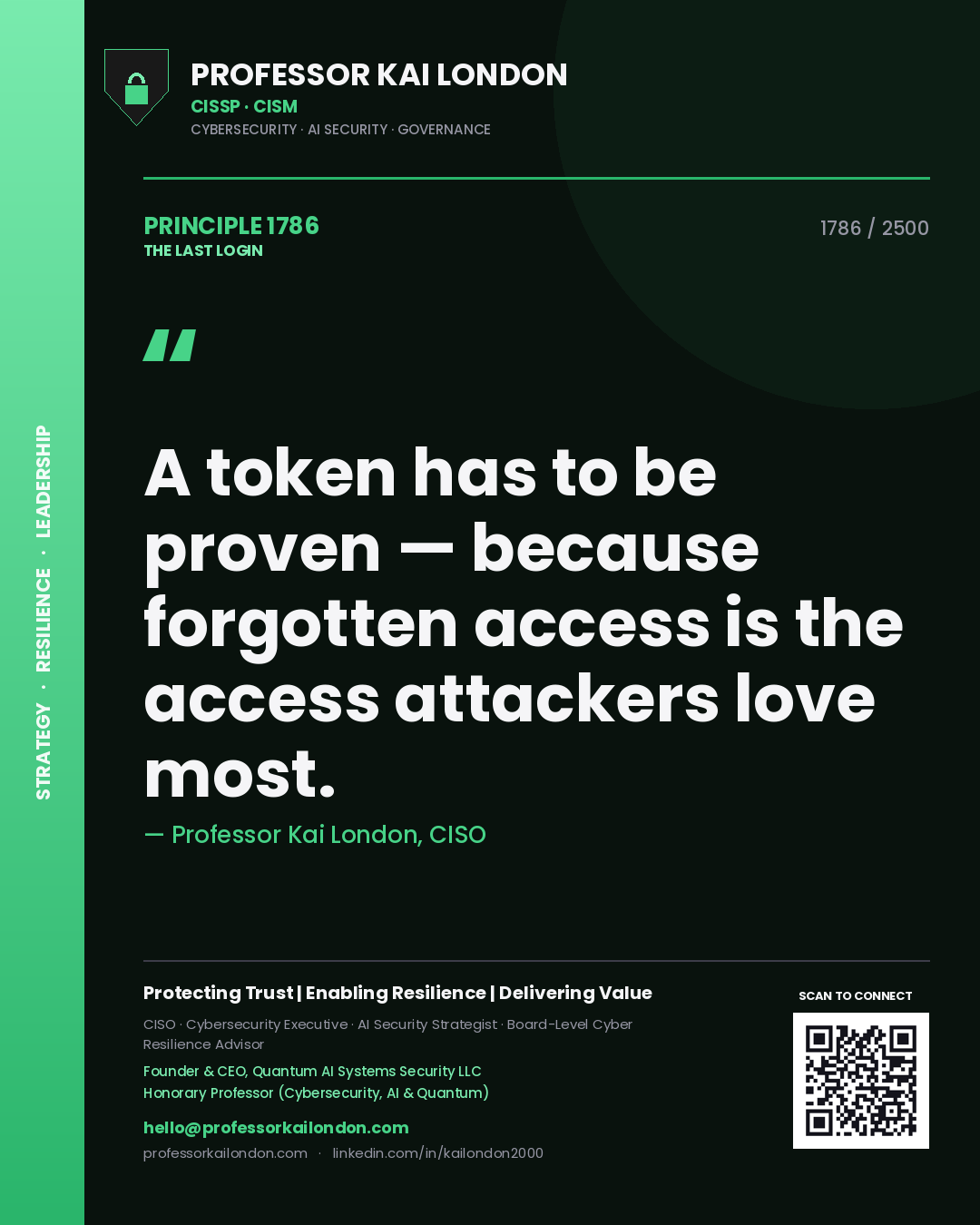 Professor Kai London principle 1786: A token has to be proven — because forgotten access is the access attackers love most.