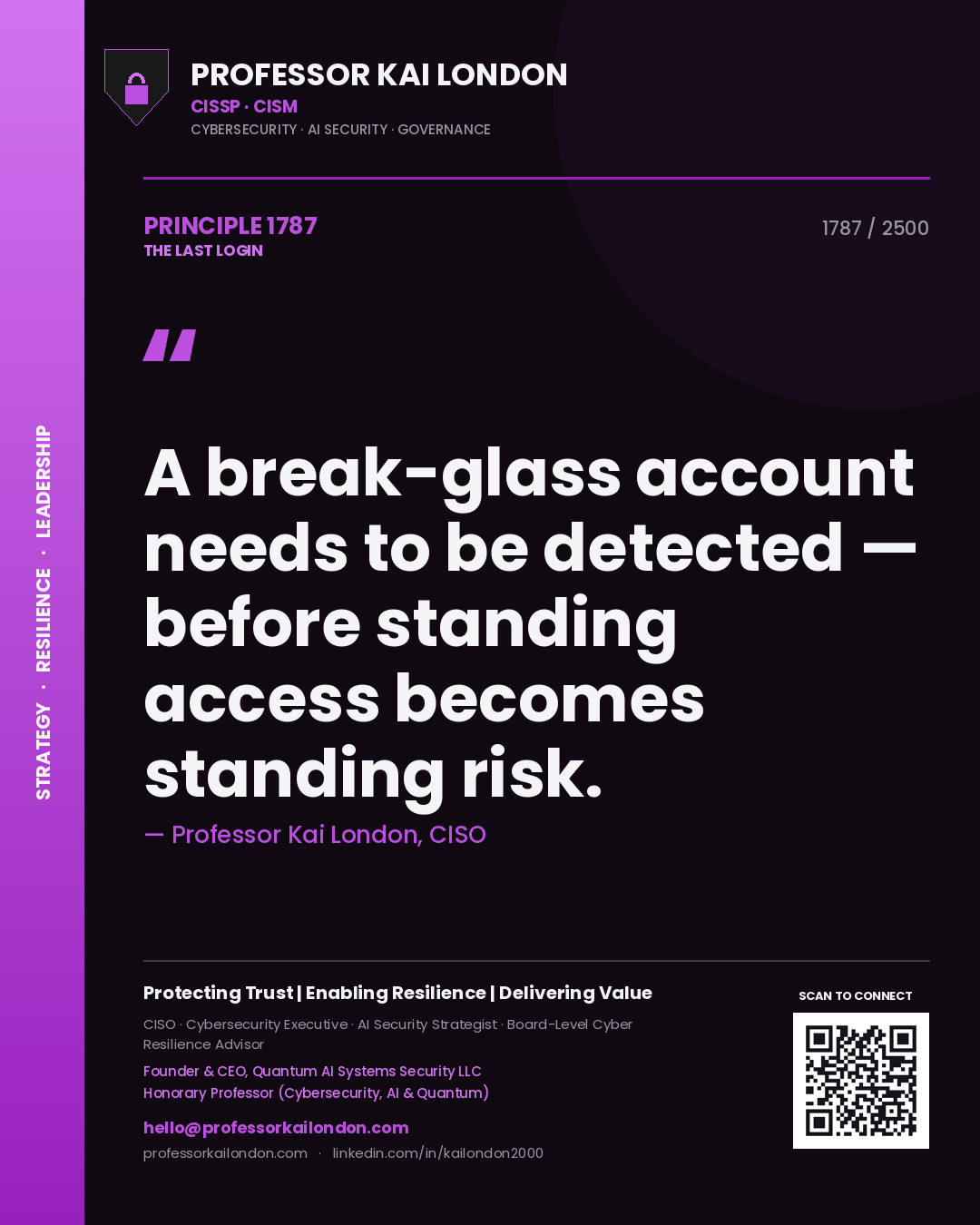 Professor Kai London principle 1787: A break-glass account needs to be detected — before standing access becomes standing risk.