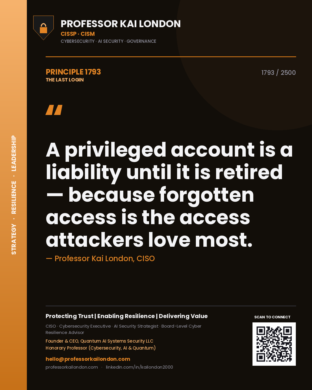 Professor Kai London principle 1793: A privileged account is a liability until it is retired — because forgotten access is the access attackers love most.