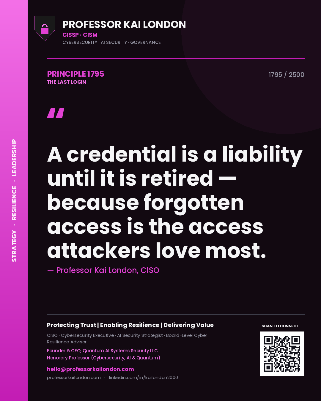 Professor Kai London principle 1795: A credential is a liability until it is retired — because forgotten access is the access attackers love most.