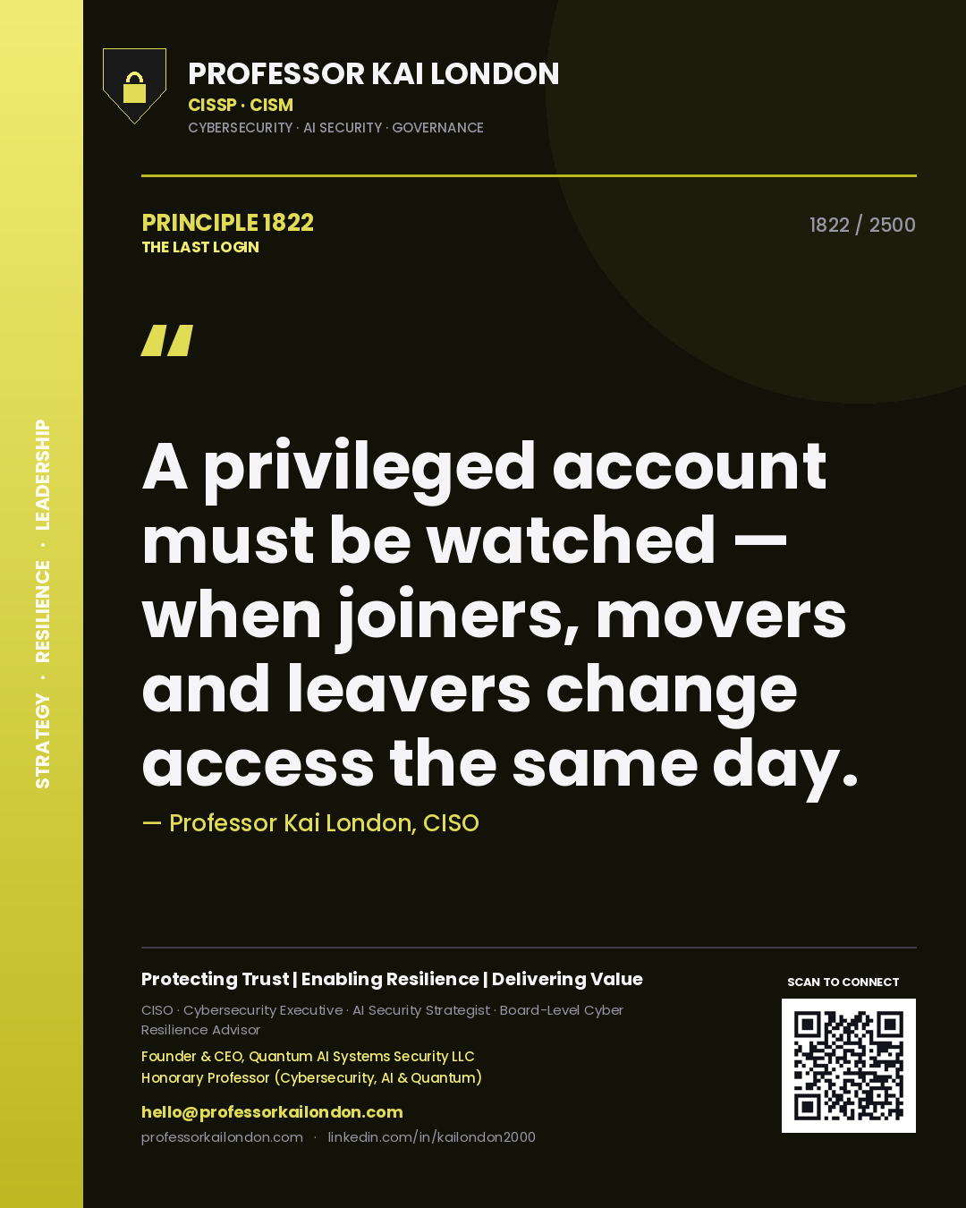 Professor Kai London principle 1822: A privileged account must be watched — when joiners, movers and leavers change access the same day.