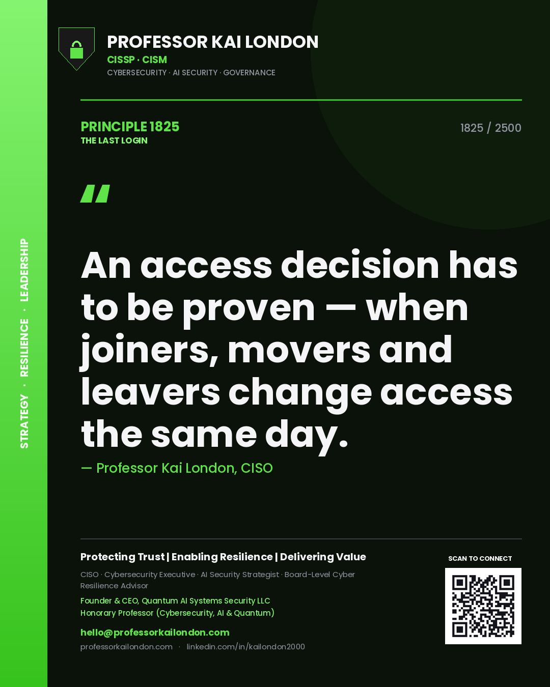 Professor Kai London principle 1825: An access decision has to be proven — when joiners, movers and leavers change access the same day.