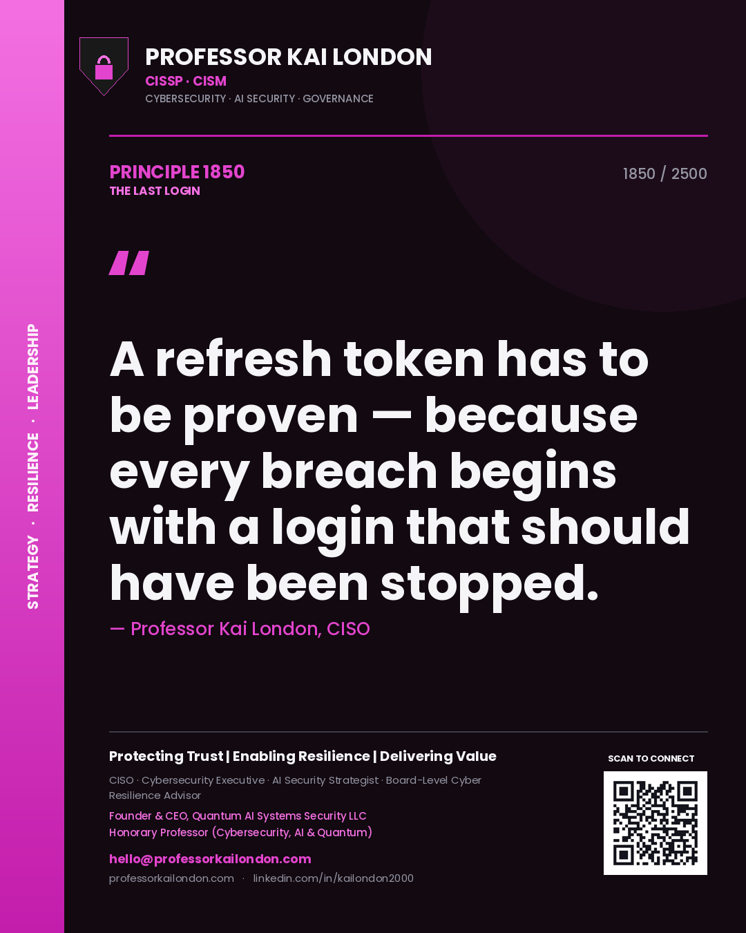 Professor Kai London principle 1850: A refresh token has to be proven — because every breach begins with a login that should have been stopped.