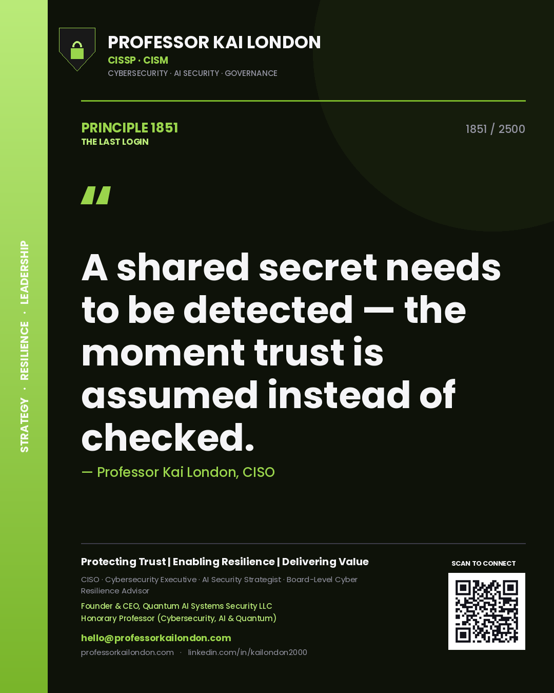 Professor Kai London principle 1851: A shared secret needs to be detected — the moment trust is assumed instead of checked.
