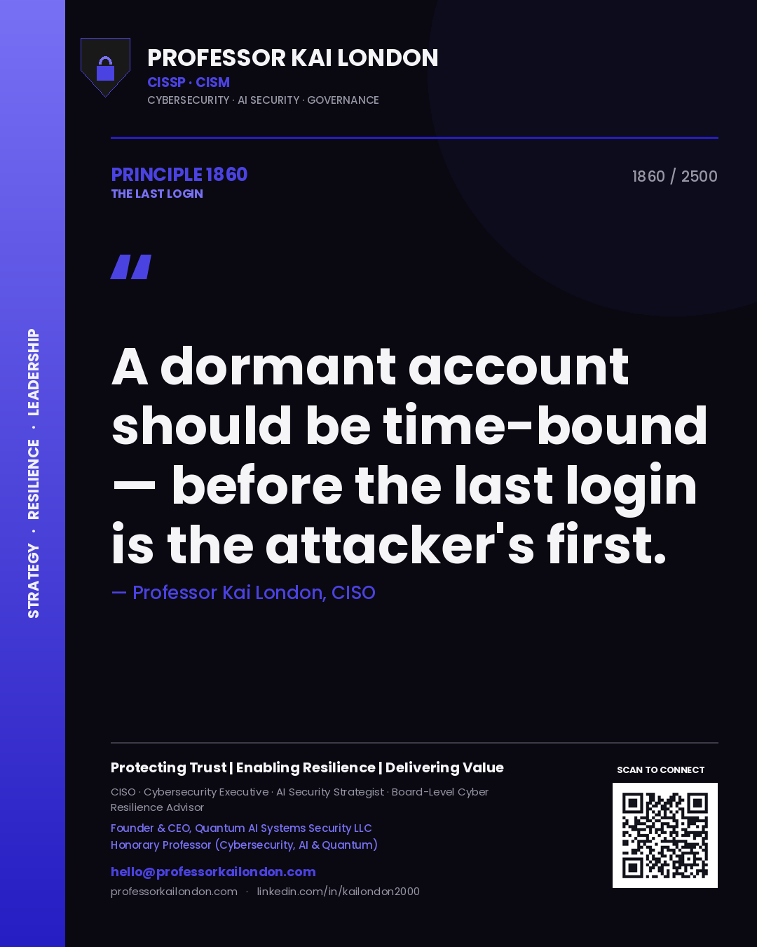 Professor Kai London principle 1860: A dormant account should be time-bound — before the last login is the attacker's first.