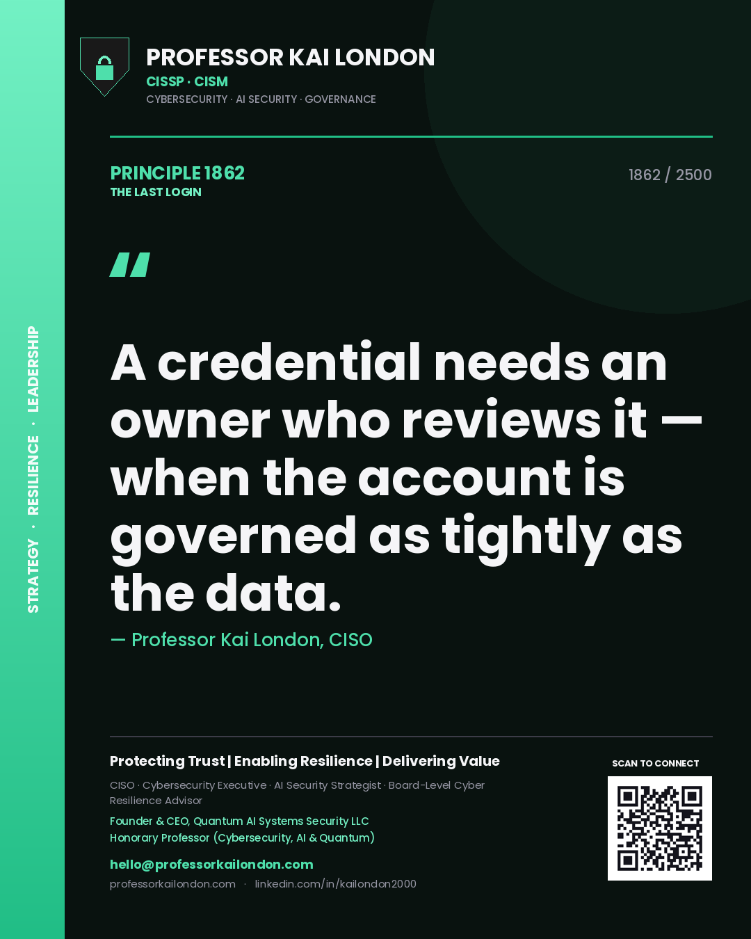 Professor Kai London principle 1862: A credential needs an owner who reviews it — when the account is governed as tightly as the data.