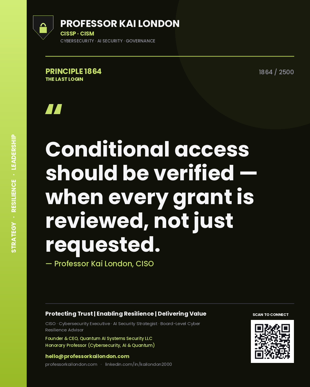 Professor Kai London principle 1864: Conditional access should be verified — when every grant is reviewed, not just requested.