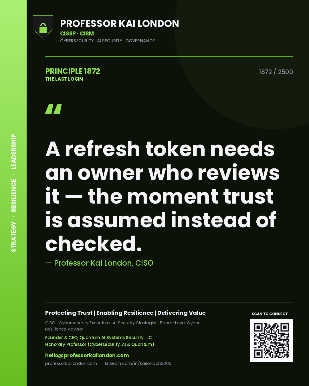 Professor Kai London principle 1872: A refresh token needs an owner who reviews it — the moment trust is assumed instead of checked.