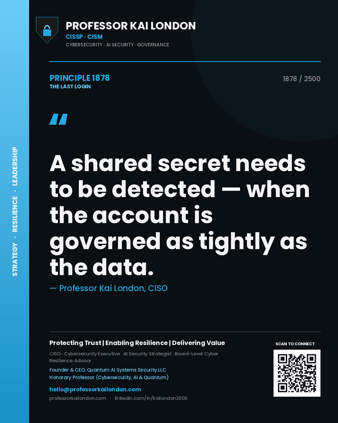 Professor Kai London principle 1878: A shared secret needs to be detected — when the account is governed as tightly as the data.