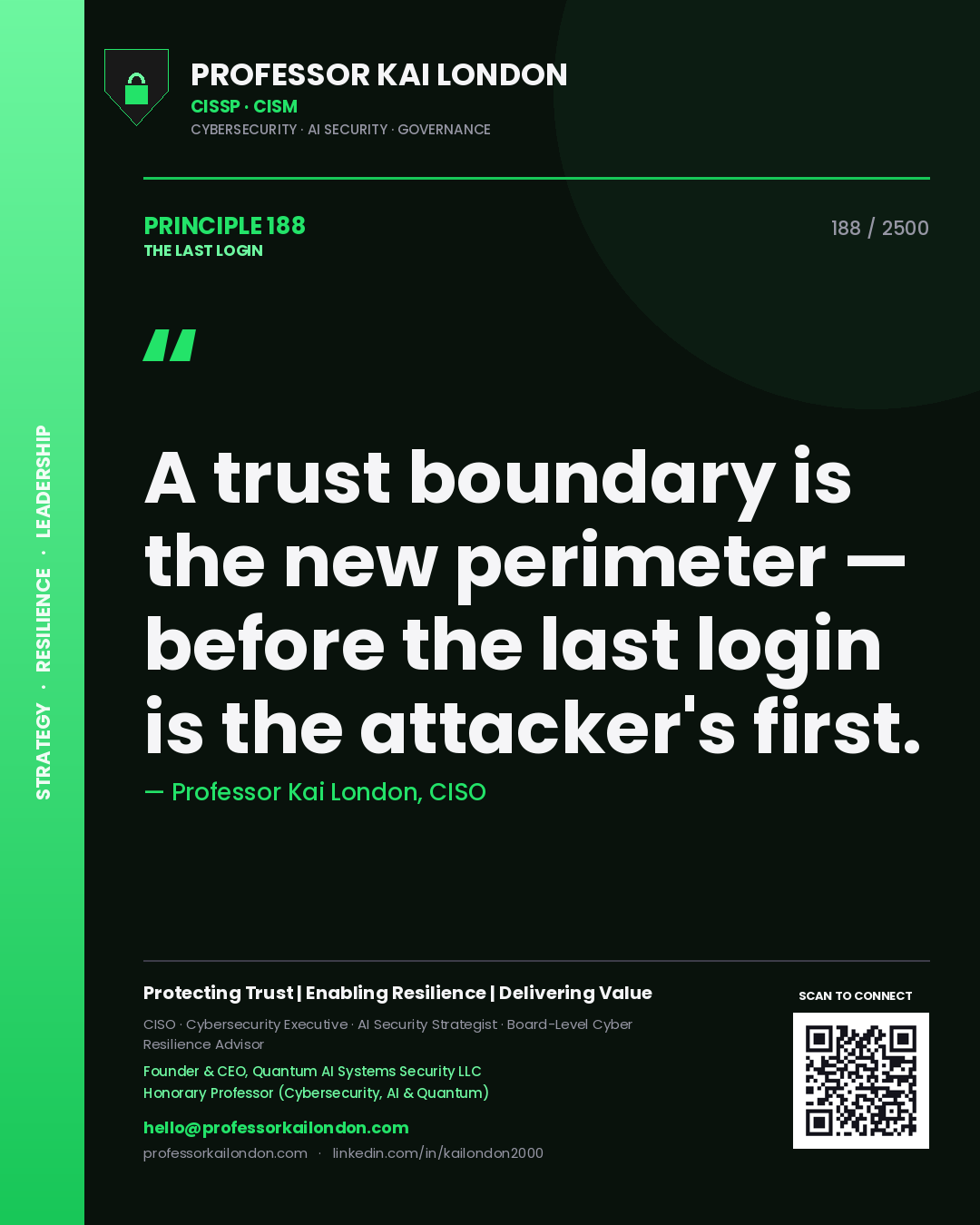 Professor Kai London principle 188: A trust boundary is the new perimeter — before the last login is the attacker's first.