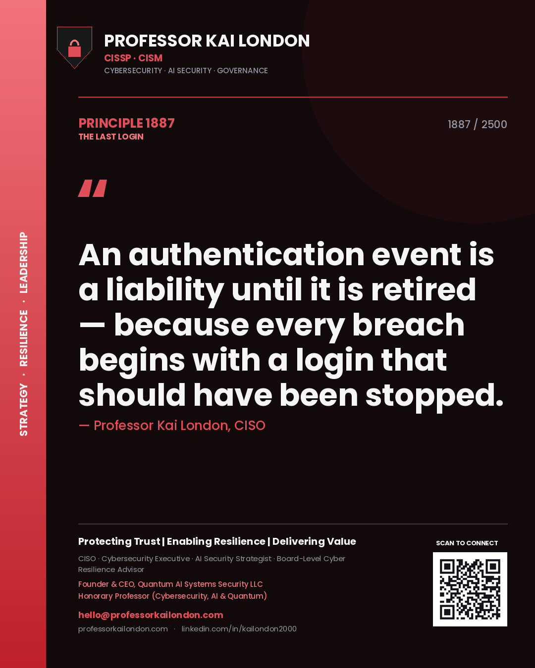 Professor Kai London principle 1887: An authentication event is a liability until it is retired — because every breach begins with a login that should have been stopped.
