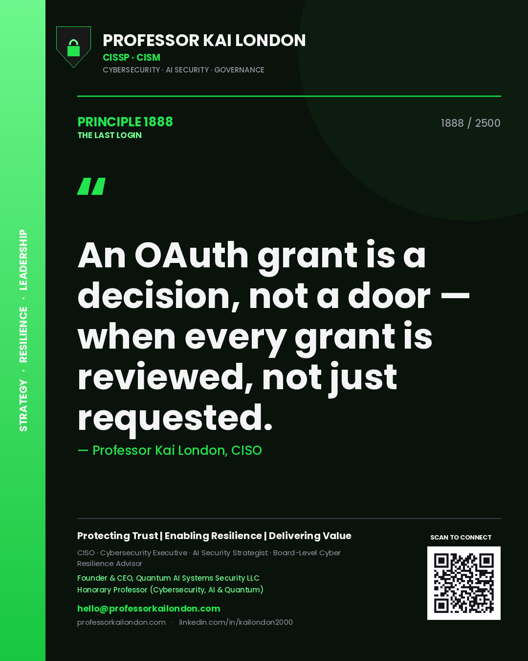 Professor Kai London principle 1888: An OAuth grant is a decision, not a door — when every grant is reviewed, not just requested.
