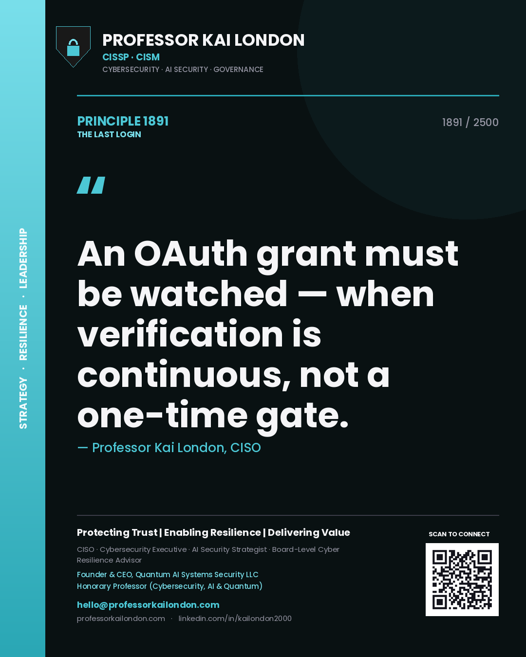 Professor Kai London principle 1891: An OAuth grant must be watched — when verification is continuous, not a one-time gate.