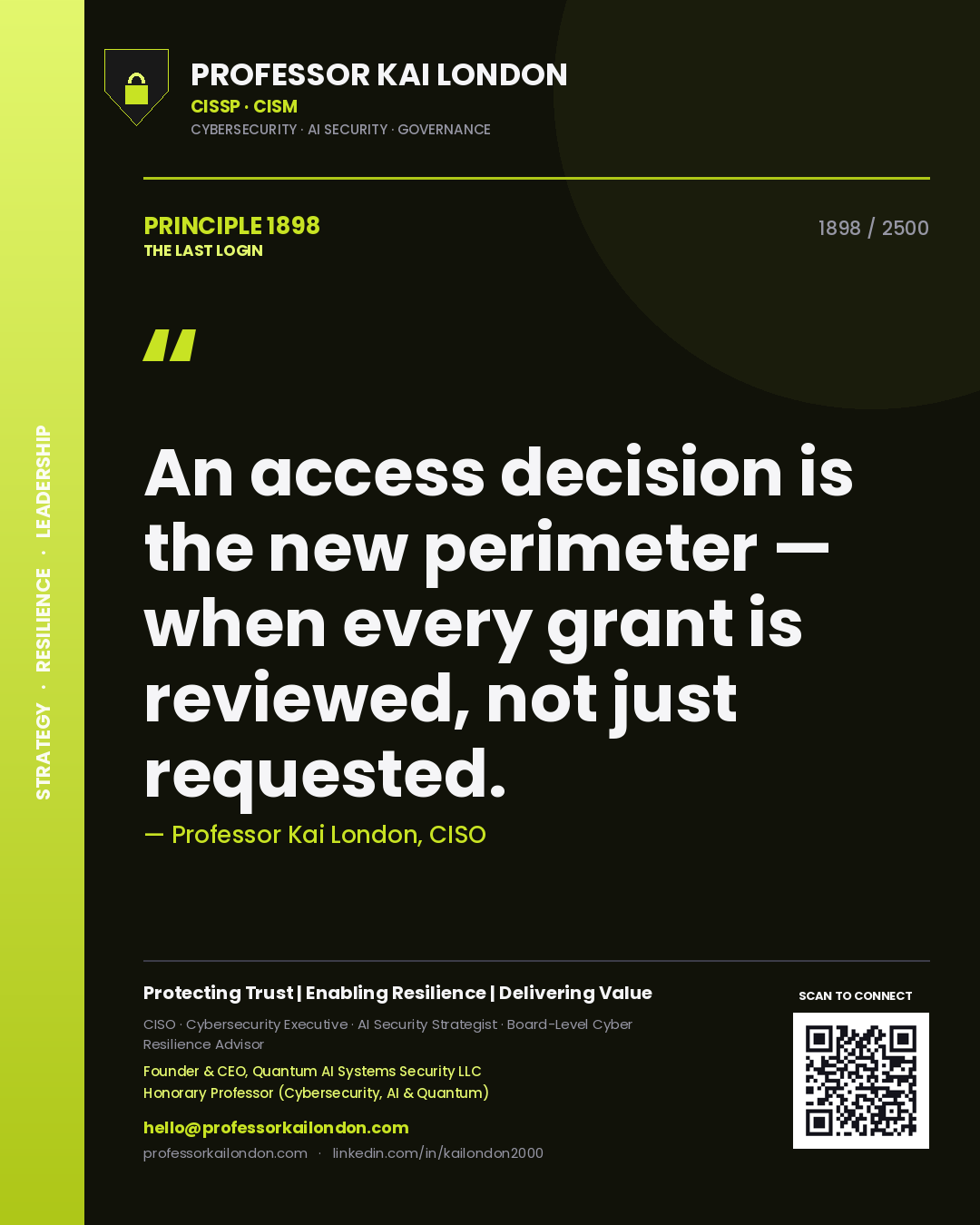 Professor Kai London principle 1898: An access decision is the new perimeter — when every grant is reviewed, not just requested.
