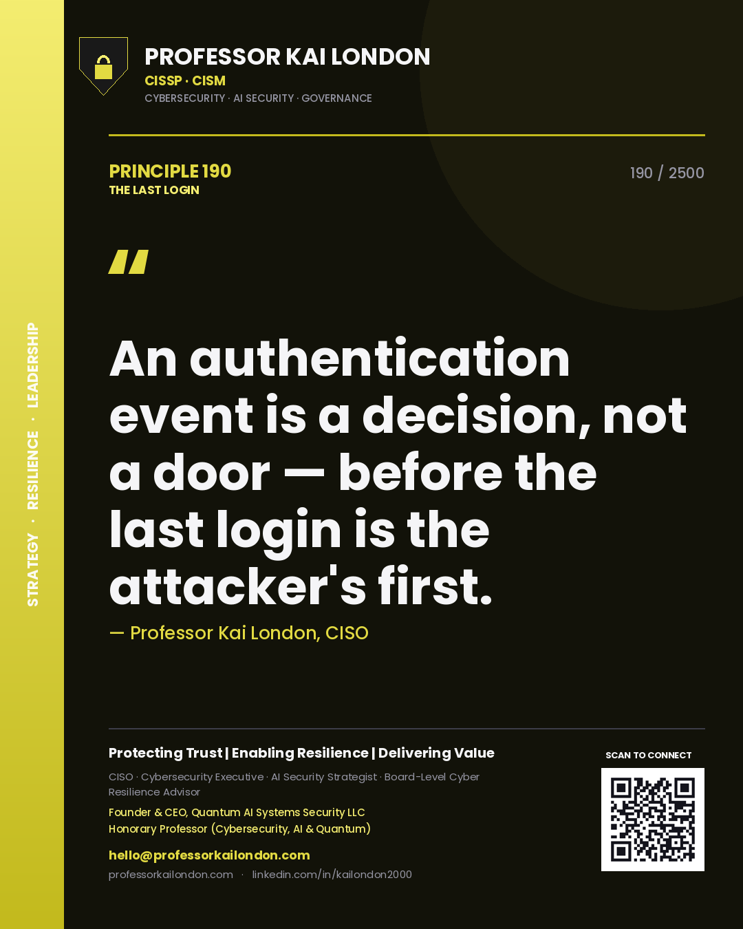 Professor Kai London principle 190: An authentication event is a decision, not a door — before the last login is the attacker's first.