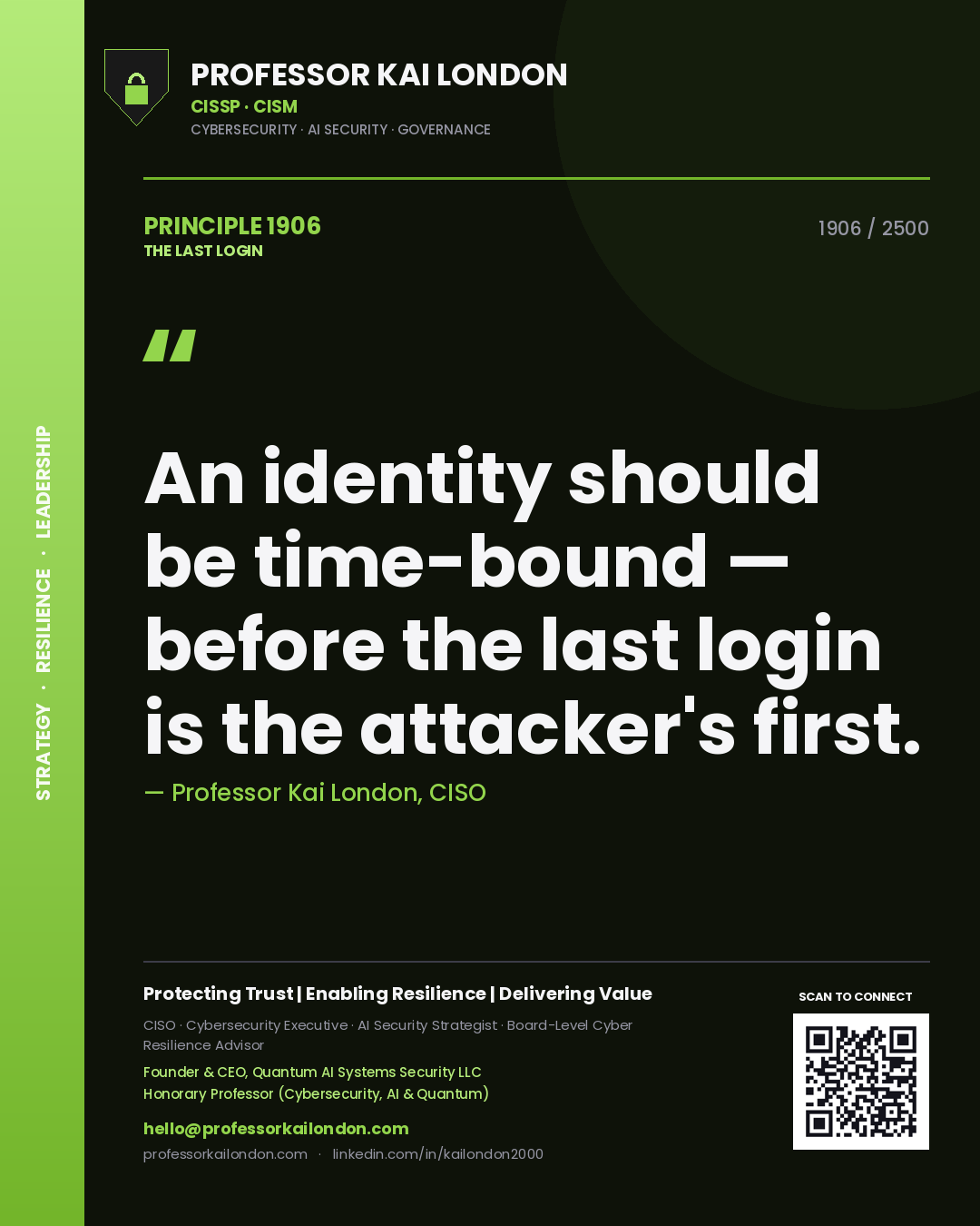 Professor Kai London principle 1906: An identity should be time-bound — before the last login is the attacker's first.