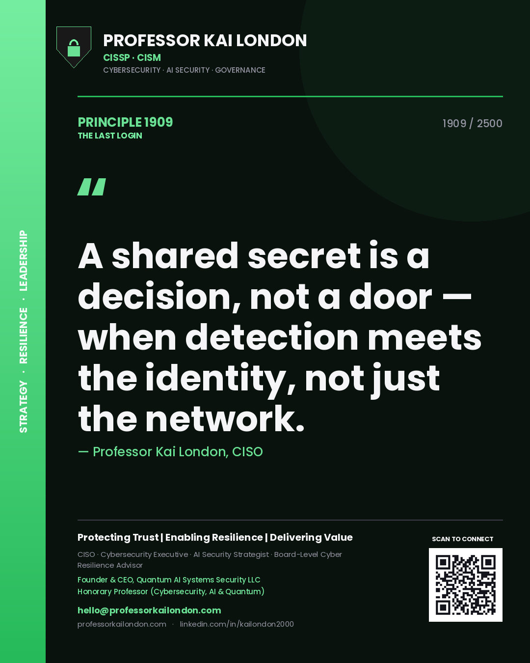 Professor Kai London principle 1909: A shared secret is a decision, not a door — when detection meets the identity, not just the network.