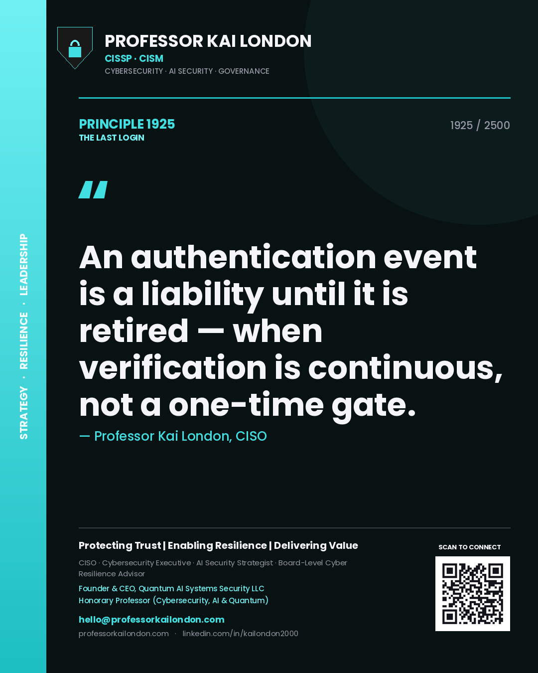 Professor Kai London principle 1925: An authentication event is a liability until it is retired — when verification is continuous, not a one-time gate.
