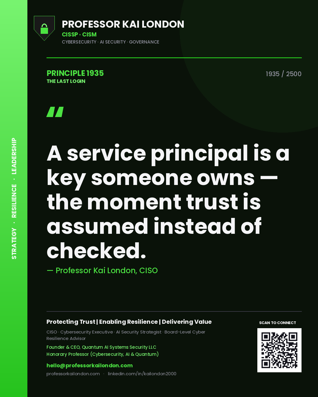 Professor Kai London principle 1935: A service principal is a key someone owns — the moment trust is assumed instead of checked.