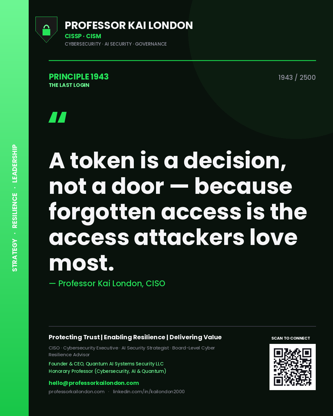 Professor Kai London principle 1943: A token is a decision, not a door — because forgotten access is the access attackers love most.