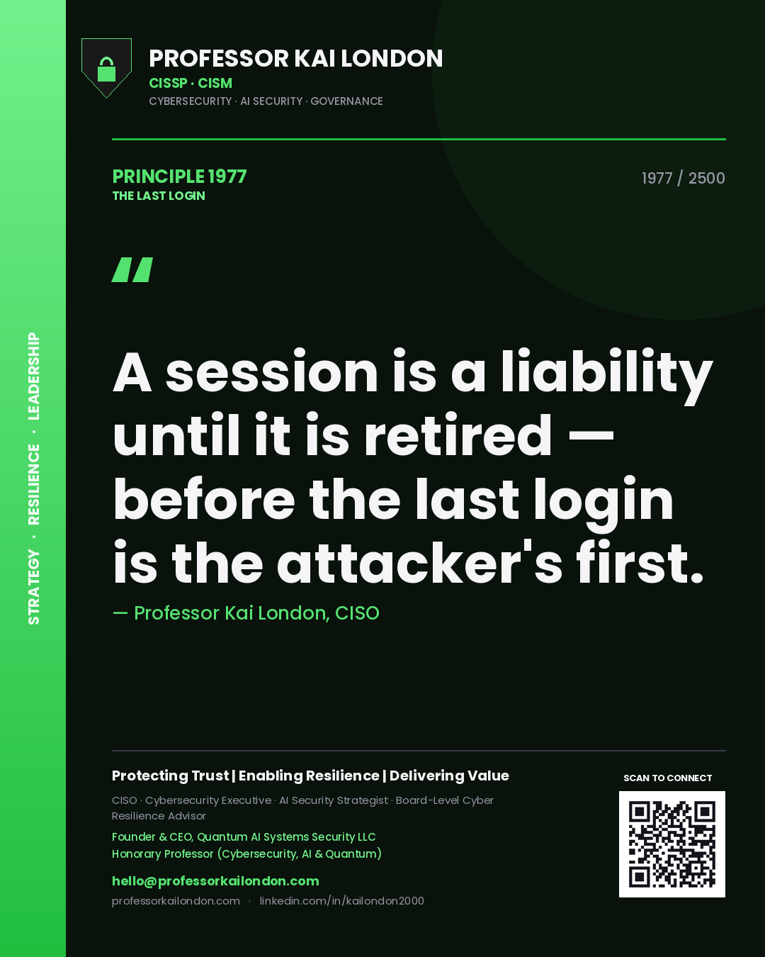 Professor Kai London principle 1977: A session is a liability until it is retired — before the last login is the attacker's first.