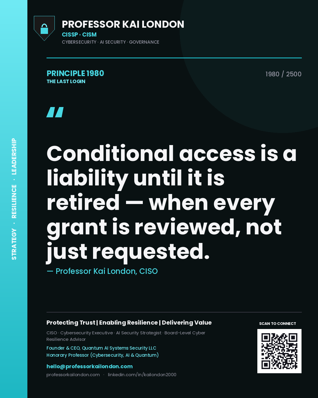 Professor Kai London principle 1980: Conditional access is a liability until it is retired — when every grant is reviewed, not just requested.