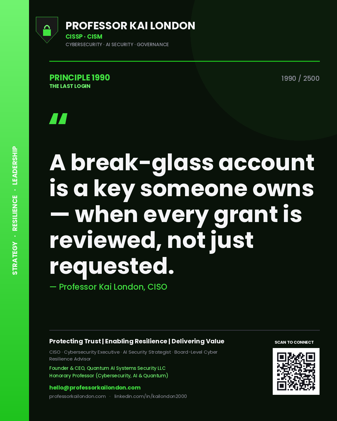 Professor Kai London principle 1990: A break-glass account is a key someone owns — when every grant is reviewed, not just requested.