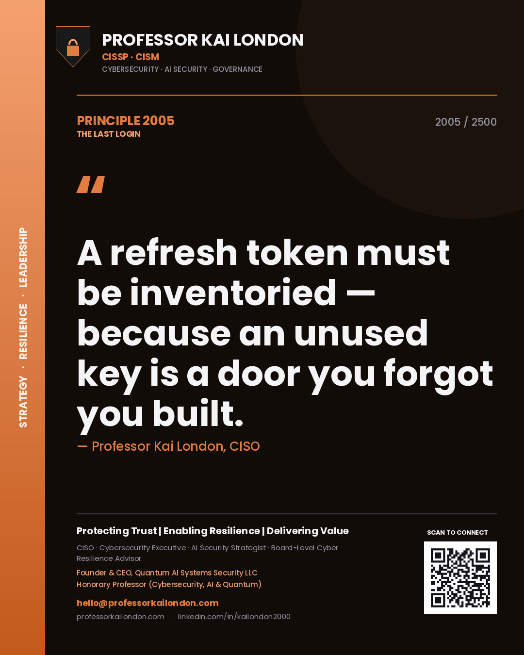 Professor Kai London principle 2005: A refresh token must be inventoried — because an unused key is a door you forgot you built.