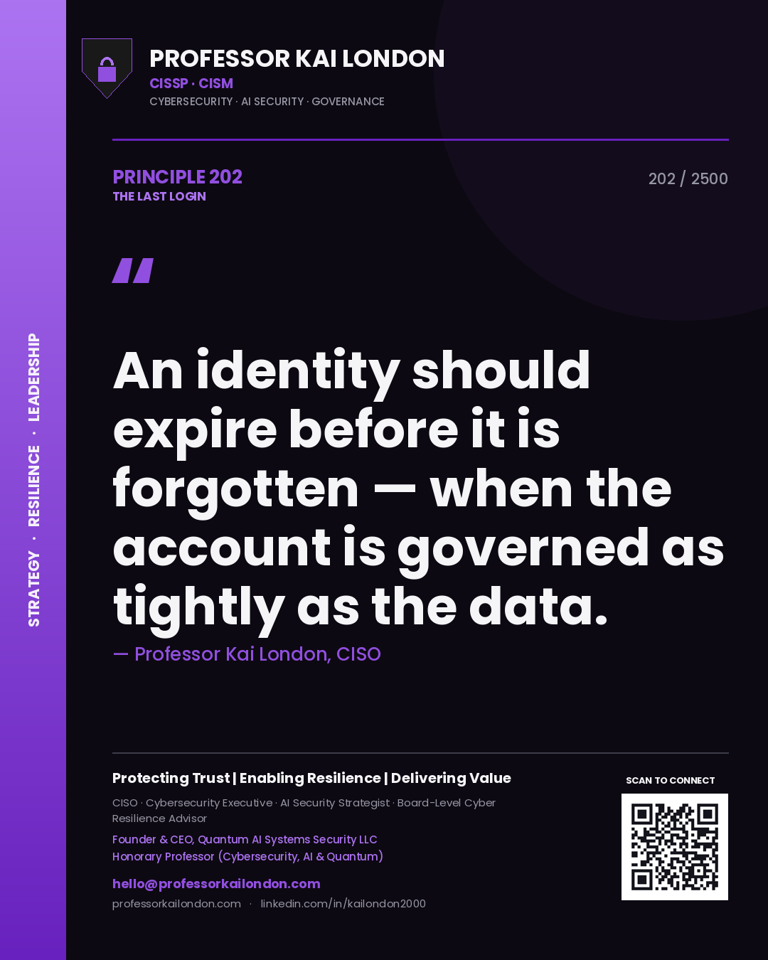 Professor Kai London principle 202: An identity should expire before it is forgotten — when the account is governed as tightly as the data.