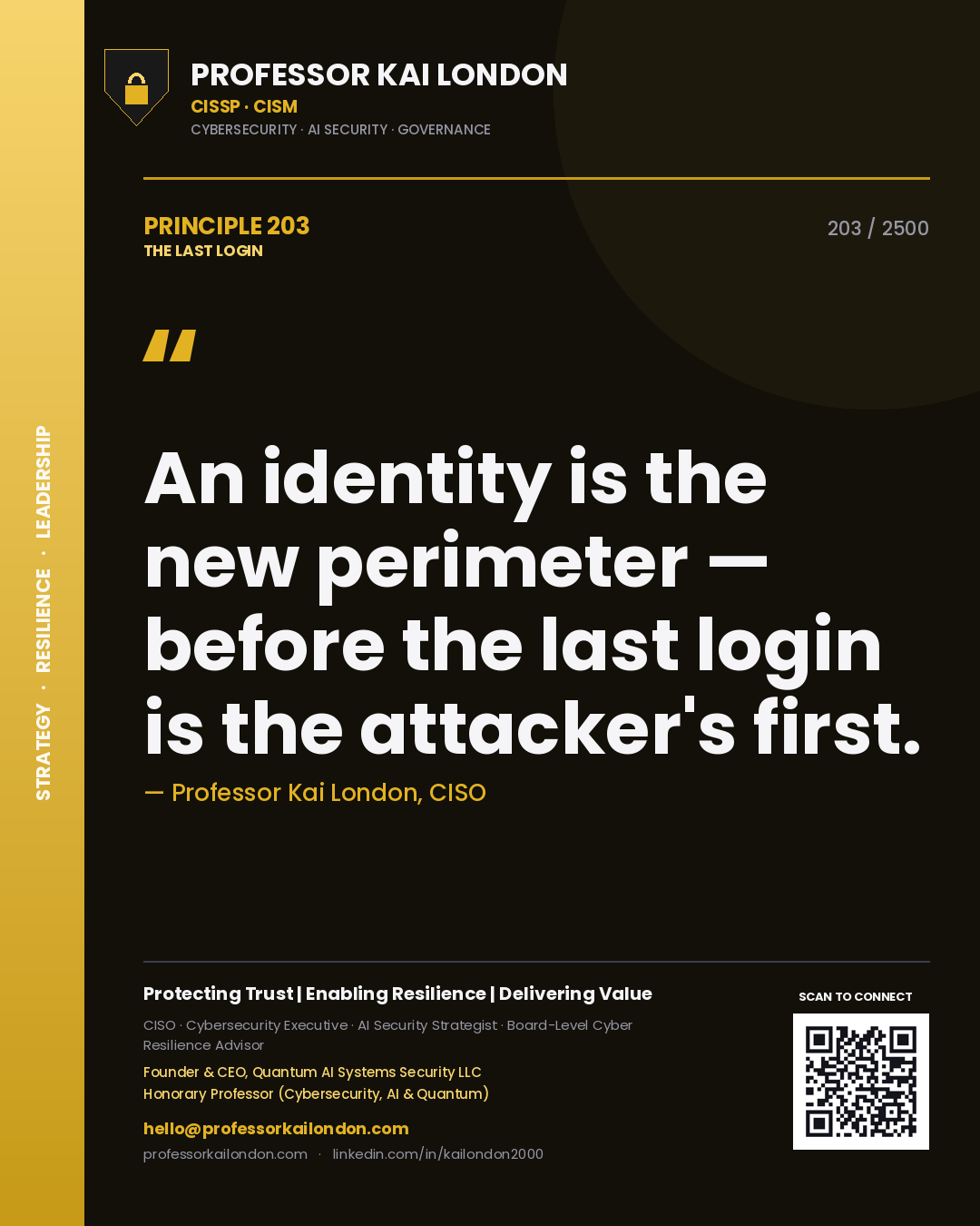 Professor Kai London principle 203: An identity is the new perimeter — before the last login is the attacker's first.