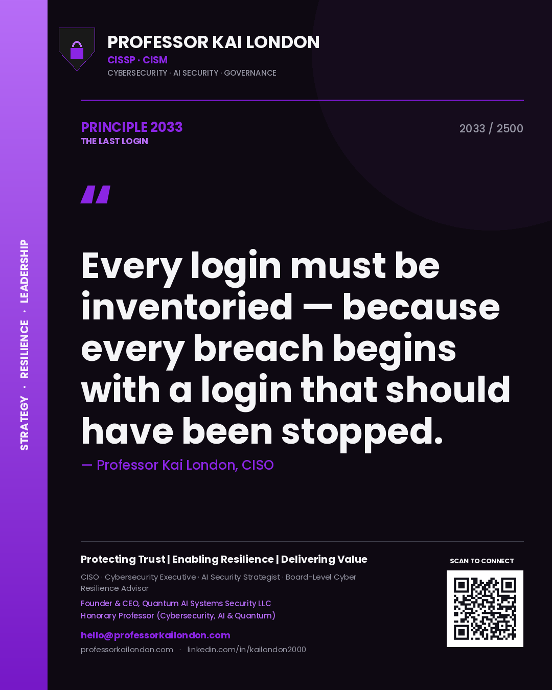 Professor Kai London principle 2033: Every login must be inventoried — because every breach begins with a login that should have been stopped.