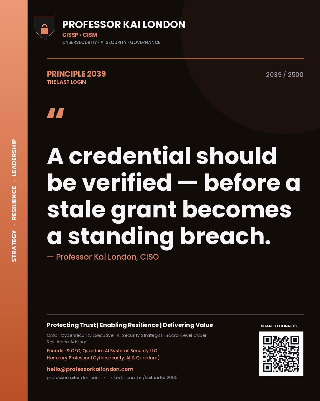 Professor Kai London principle 2039: A credential should be verified — before a stale grant becomes a standing breach.
