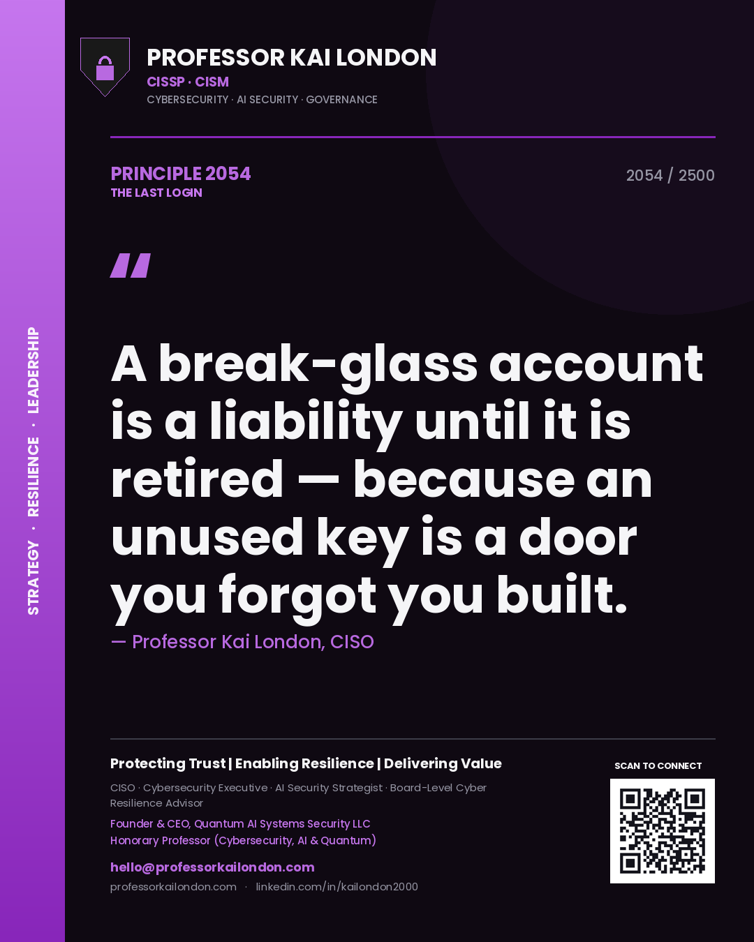 Professor Kai London principle 2054: A break-glass account is a liability until it is retired — because an unused key is a door you forgot you built.