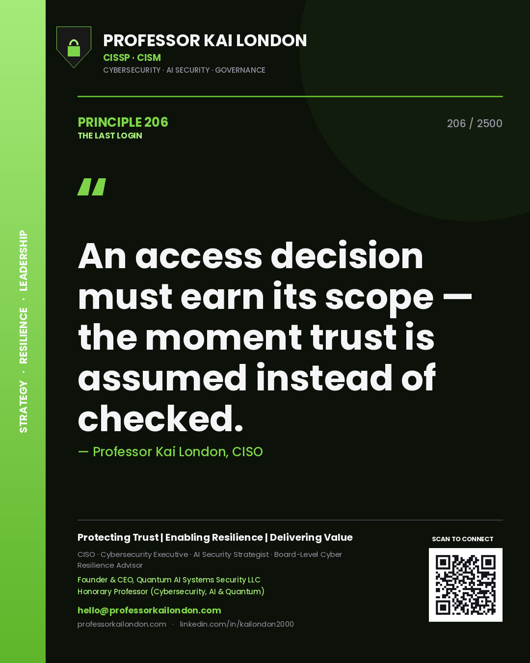 Professor Kai London principle 206: An access decision must earn its scope — the moment trust is assumed instead of checked.