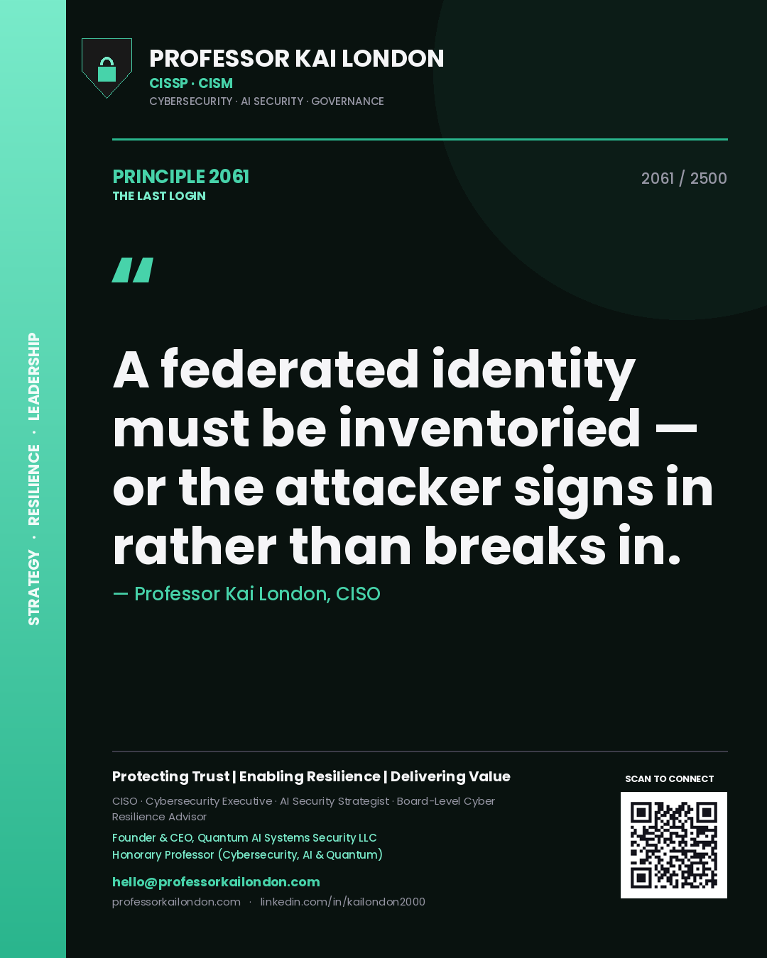 Professor Kai London principle 2061: A federated identity must be inventoried — or the attacker signs in rather than breaks in.