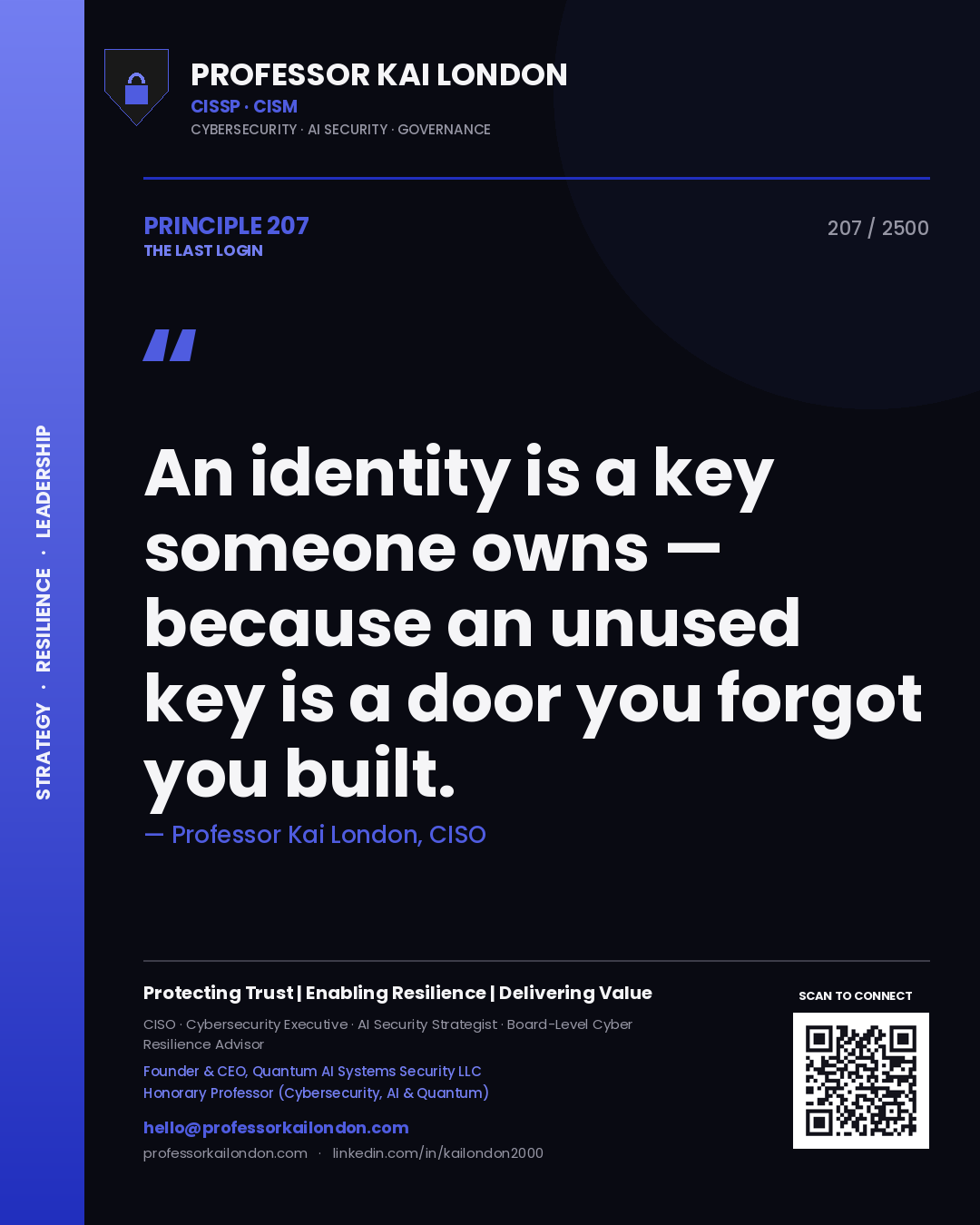 Professor Kai London principle 207: An identity is a key someone owns — because an unused key is a door you forgot you built.