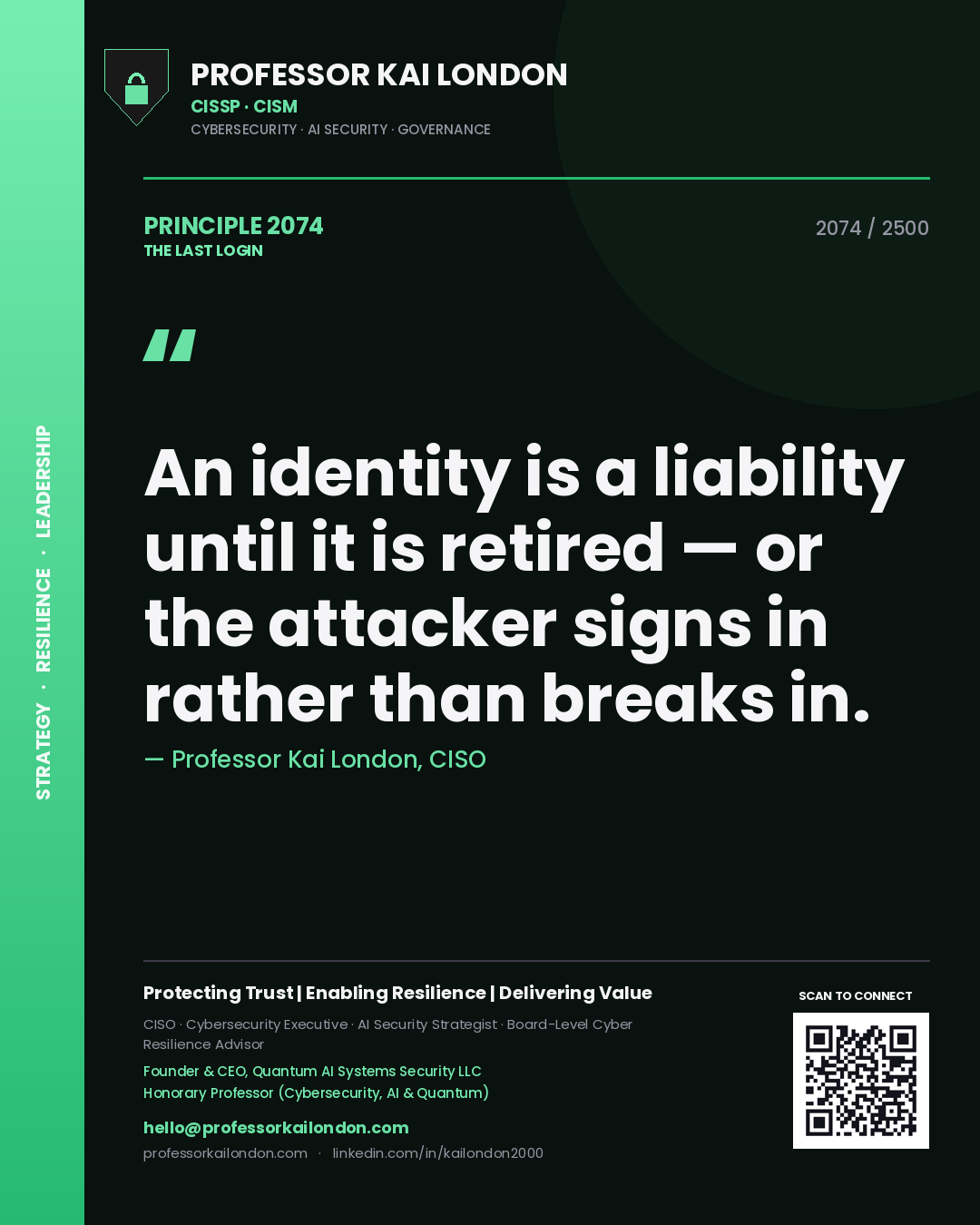 Professor Kai London principle 2074: An identity is a liability until it is retired — or the attacker signs in rather than breaks in.