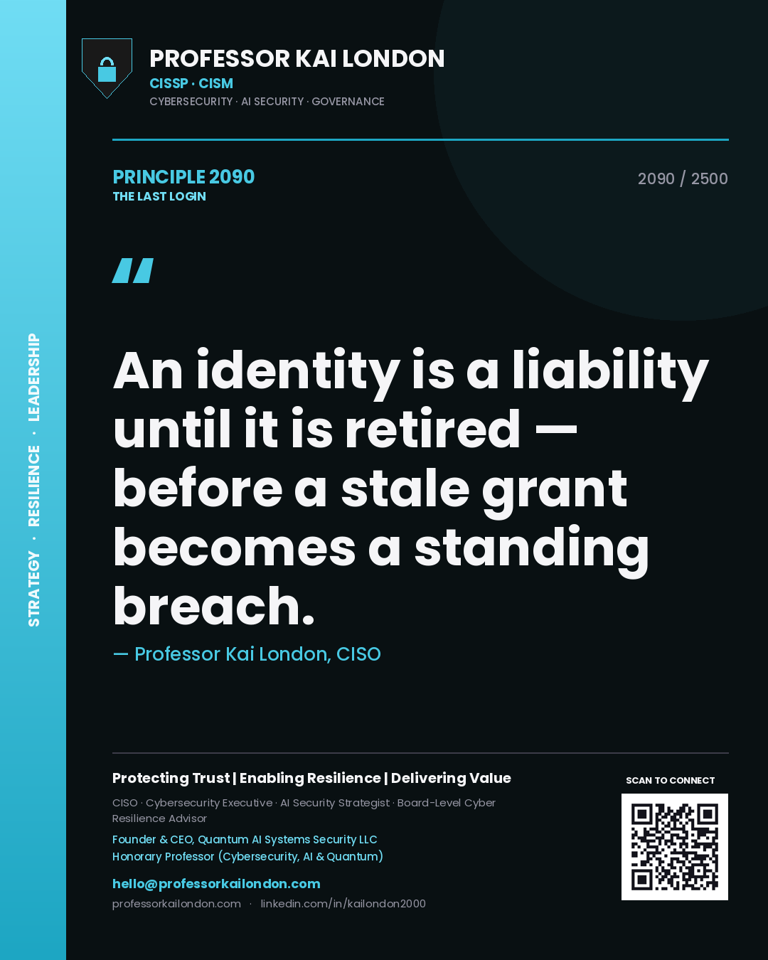 Professor Kai London principle 2090: An identity is a liability until it is retired — before a stale grant becomes a standing breach.